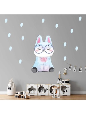 Kt Decoration Oturan Tavşan ve Yağmur Damlacıkları Pastel Renkler Çocuk Odası Duvar Dekorasyonu