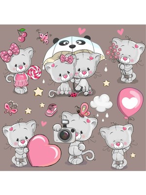 Kt Decoration Sevimli Kediler Baby Shower Çocuk Odası Duvar Sticker Seti