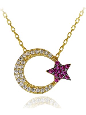 Kırmızı Beyaz Taşlı Ay Yıldız Gümüş Kolye