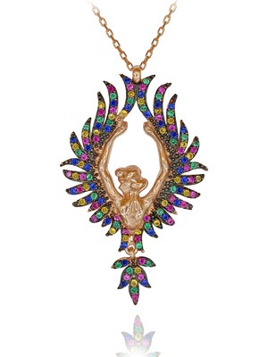 Renkli Taşlı Arkası Dönük Kadın Gümüş Kolye