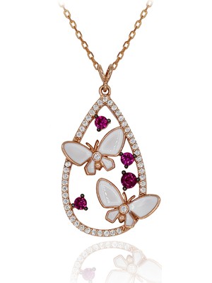 Kırmızı Beyaz Taşlı Mineli Kelebek Gümüş Kolye