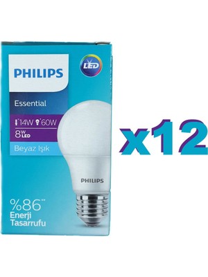 Philips LED Ampul 8 Watt Beyaz Işık Tasarruflu 12 Adet