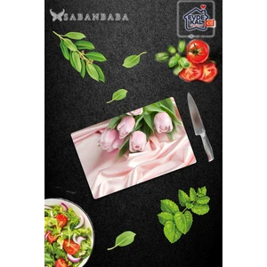 Pembe Güller Desenli Cam Kesme Tahtası - Cam Kesme Tablası | 30 cm x 40 cm