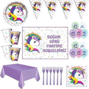 Parti Furyası Unicorn Beyaz Doğum Günü Parti Malzemeleri Afişli Set 8 Kişilik