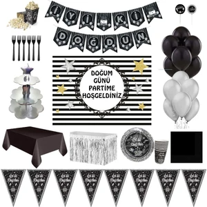 Parti Furyası Siyah Gümüş Lüks Doğum Günü Parti Malzemeleri Afişli Set 24 Kişilik