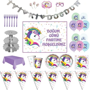 Parti Furyası Unicorn Beyaz Lüks Doğum Günü Parti Malzemeleri Afişli Set 8 Kişilik