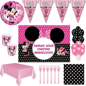 Minnie Mouse Afişli Puantiyeli Pembe Doğum Günü Parti Süsleri 24 Kişilik