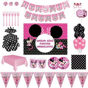 Minnie Mouse Lüks Puantiyeli  Doğum Günü Parti Malzemeleri Afişli Set 8 Kişilik