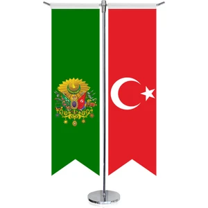 Yeşil Osmanlı Arması Bayrağı ve Türkiye Kırlangıç Saten T Direk Masa Bayrağı 2'li