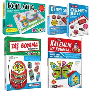 Kodlama+Deney Seti + Taş Boyama + Ahşap Kalemlik ve Kumbara (4'lü Set)