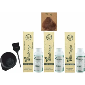 Biomagic Amonyaksız Organik Keratin+Argan Yağlı Saç Boyası 77.33 Kumral Dore 60 ml x 3 +90 ml Oksidan+Boyama Seti