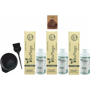 Biomagic Amonyaksız Organik Keratin+Argan Yağlı Saç Boyası 7.03 Karamel 60 ml x 3 +90 ml Oksidan+Boyama Seti