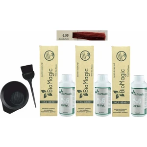 Biomagic Amonyaksız Organik Keratin+Argan Yağlı Saç Boyası 6.55 Ahududu Kızılı 60 ml x 3 +90 ml Oksidan+Boyama Seti