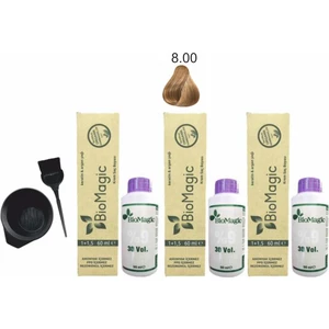 Biomagic Amonyaksız Organik Keratin+Argan Yağlı Saç Boyası 8.00 Açık Kumral 60 ml x 3 +90 ml Oksidan+Boyama Seti