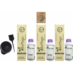 Biomagic Amonyaksız Organik Keratin+Argan Yağlı Saç Boyası 11.21 Kristal Sarısı 60 ml x 3 +90 ml Oksidan+Boyama Seti