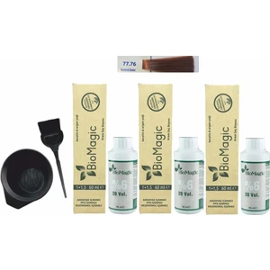 Biomagic Amonyaksız Organik Keratin+Argan Yağlı Saç Boyası 77.76 Kumral Bakır 60 ml x 3 +90 ml Oksidan+Boyama Seti