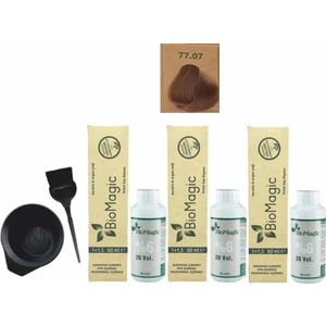 Biomagic Amonyaksız Organik Keratin+Argan Yağlı Saç Boyası 77.07 Sütlü Kahve 60 ml x 3 +90 ml Oksidan+Boyama Seti