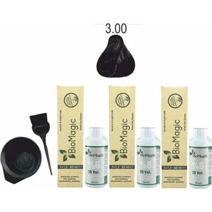 Biomagic Amonyaksız Organik Keratin+Argan Yağlı Saç Boyası 3.00 Koyu Kahve 60 ml x 3 +90 ml Oksidan+Boyama Seti