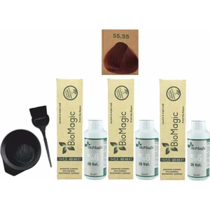 Biomagic Amonyaksız Organik Keratin+Argan Yağlı Saç Boyası 55.55 Şarap Kızılı 60 ml x 3 +90 ml Oksidan+Boyama Seti