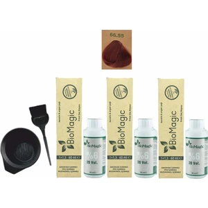 Biomagic Amonyaksız Organik Keratin+Argan Yağlı Saç Boyası 66.55 Vişne Kızılı 60 ml x 3 +90 ml Oksidan+Boyama Seti