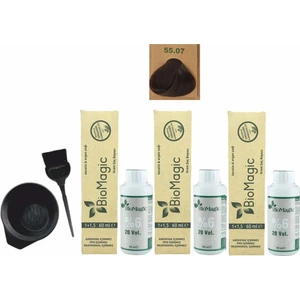 Biomagic Amonyaksız Organik Keratin+Argan Yağlı Saç Boyası 55.07 Yoğun Çikolata Kahve 60 ml x 3 + Oksidan 90 ml  +Boyama Seti