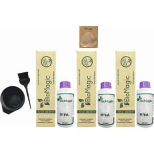 Biomagic Amonyaksız Organik Keratin+Argan Yağlı Saç Boyası 11.00 Fildişi Sarısı 60 ml x 3 +Oksidan 90 ml  +Boyama Seti