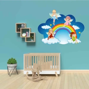 Kt Decoration Mavi Gökyüzü Bulutlar Gökyüzü ve Periler Kız Çocuk Odası Duvar Dekorasyonu