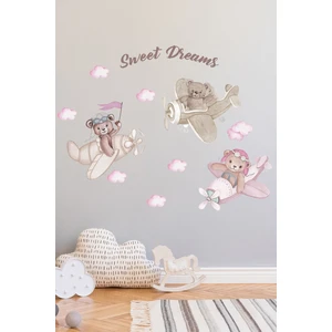 Kt Decoration 3 Kafadar Pilot Ayılar Pembe Duvar Sticker Seti