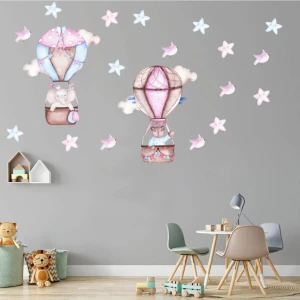 Kt Decoration Uçan Sevimli Ayıcık-Fil-Kuşlar ve Yıldızlar El Çizimi Dev Çocuk Odası Duvar Sticker