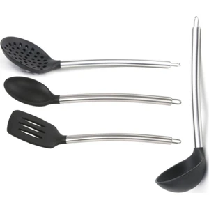 Silikon Servis Seti Çelik Sap 4lü Silikon Kaşık Silikon Kevgir Silikon Spatula Silikon Kepçe