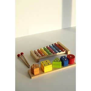 Ahşap Ksilofon Eğitici Oyuncak + Geometrik Şekilli 5'li Geçmeli Oyuncak Puzzle