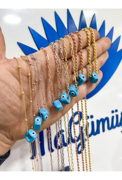 MaGümüş 60 cm Sarı Halat Burgu Zincir Turkuaz Taş Gümüş Kolye