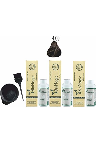 Biomagic Amonyaksız Organik Keratin+Argan Yağlı Saç Boyası 4.00 Kahve 60 ml x 3 +90 ml Oksidan+Boyama Seti