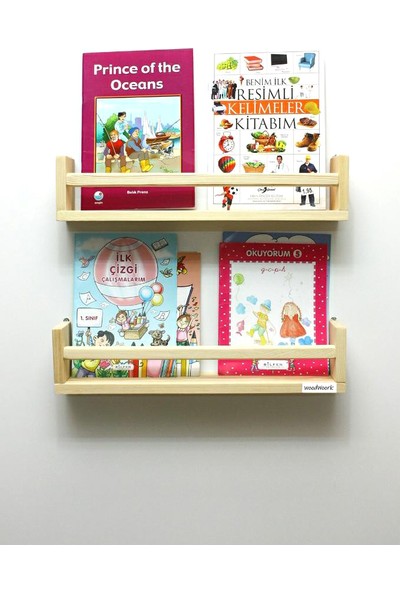 Woodwoork 2'li Montessori Kitaplık 50 cm Duvar Rafı Bebek Çocuk Odası Ahşap Kitaplık