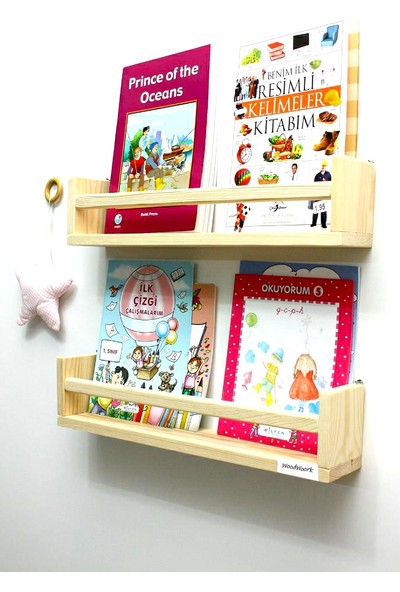 Woodwoork 2'li Montessori Kitaplık 50 cm Duvar Rafı Bebek Çocuk Odası Ahşap Kitaplık