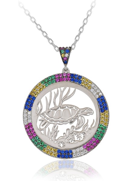 Renkli Taşlı Plaka Kaplumbağa Gümüş Kolye