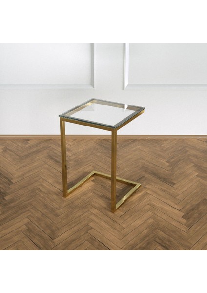 Potrica C Sehpa - Pirinç Ayak Şeffaf Cam Tabla