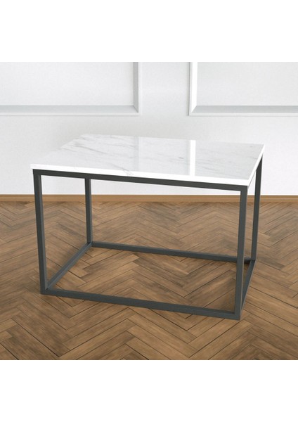 Potrica Yan Sehpa - Metal Siyah Ayak Beyaz Mermer Tabla