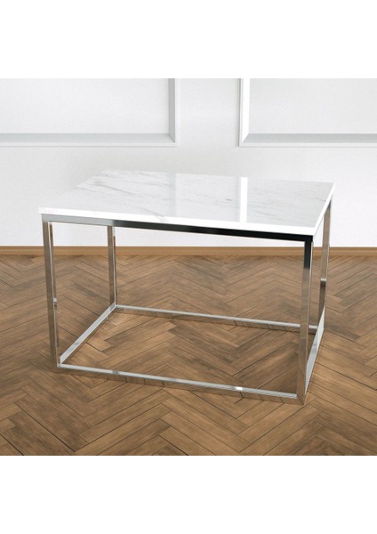 Potrica Yan Sehpa - Paslanmaz Ayak Beyaz Mermer Tabla