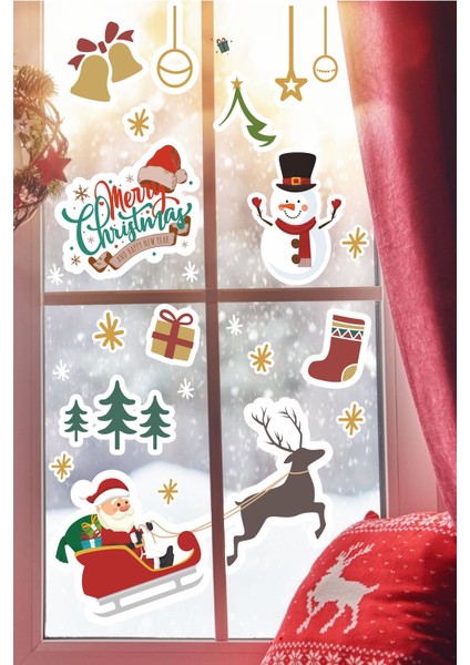Yılbaşına Özel Kızakta Noel Baba Noel Süsleri Duvar Cam Sticker