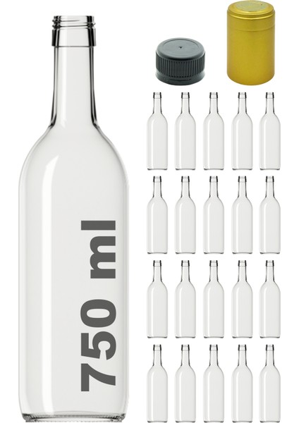 cam 750 cc Şeffaf Standart Sızdırmaz Kapaklı ve Kapüşonlu 750 ml Yuvarlak Cam Şişe 20 Adet