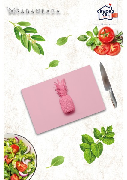30x40cm - Pembe Ananas Desenli - Cam Kesme Tahtası