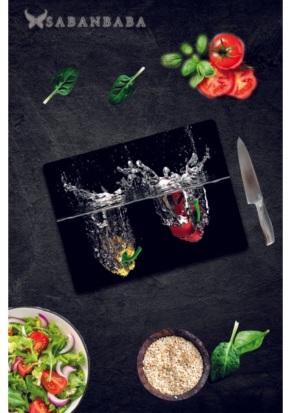 Biber ve Su Desenli Cam Kesme Tahtası - Cam Kesme Tablası | 30 cm x 40 cm