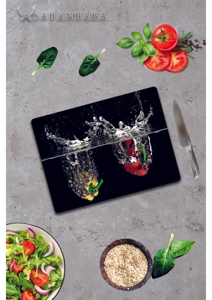 Biber ve Su Desenli Cam Kesme Tahtası - Cam Kesme Tablası | 30 cm x 40 cm fiyatları