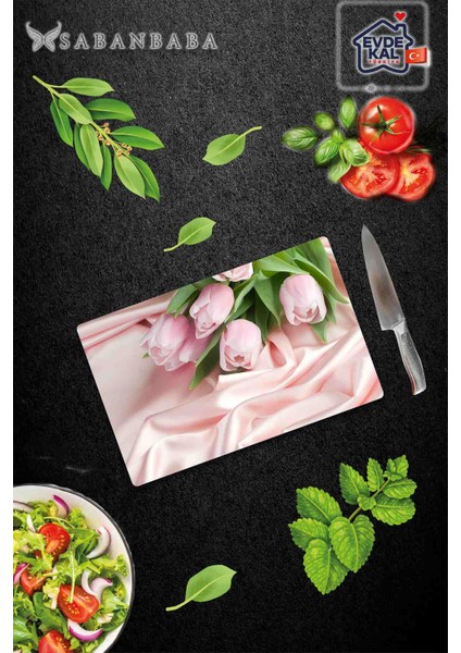 Pembe Güller Desenli Cam Kesme Tahtası - Cam Kesme Tablası | 30 cm x 40 cm