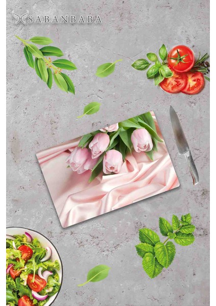 Pembe Güller Desenli Cam Kesme Tahtası - Cam Kesme Tablası | 30 cm x 40 cm fiyatları