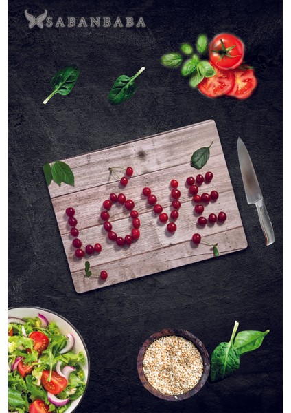 LOVE KİRAZ Desenli Cam Kesme Tahtası - Cam Kesme Tablası | 30 cm x 40 cm