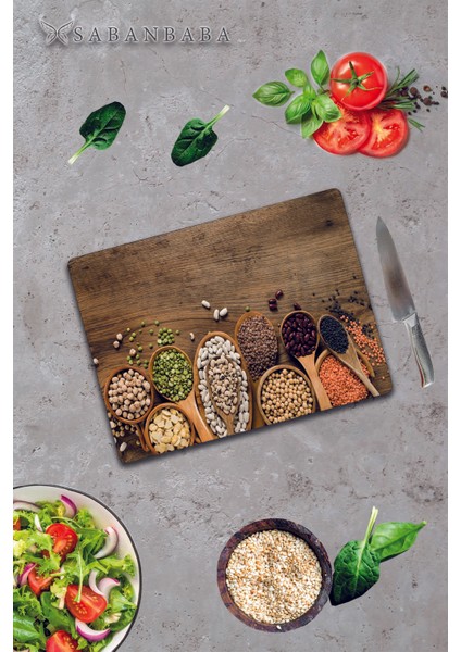 Baklagiller Desenli Cam Kesme Tahtası - Cam Kesme Tablası | 30 cm x 40 cm