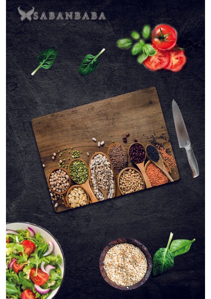 Baklagiller Desenli Cam Kesme Tahtası - Cam Kesme Tablası | 30 cm x 40 cm