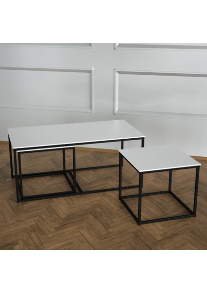 Twins Iç Içe Geçmiş Sehpa - Statik Siyah Ayak Beyaz Lake Tabla